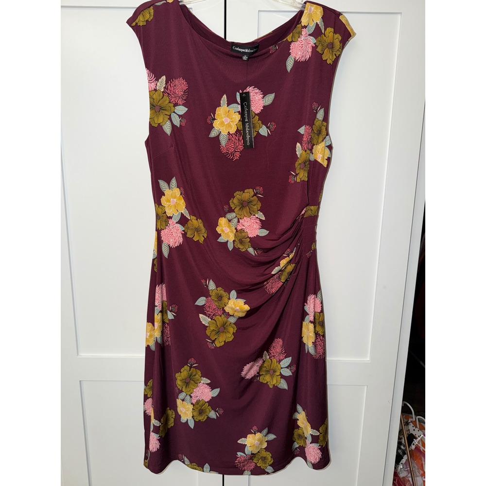 Catherine Malandrino Burgundy Floral Ruched Sheath Dress Womens 14 NWT